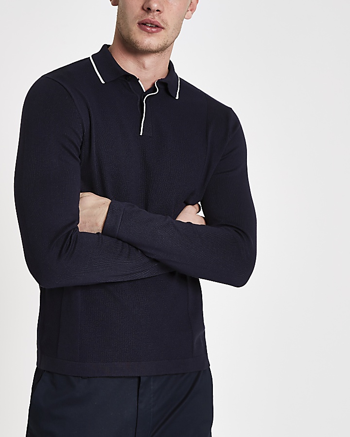 Navy slim fit tipped long sleeve polo shirt