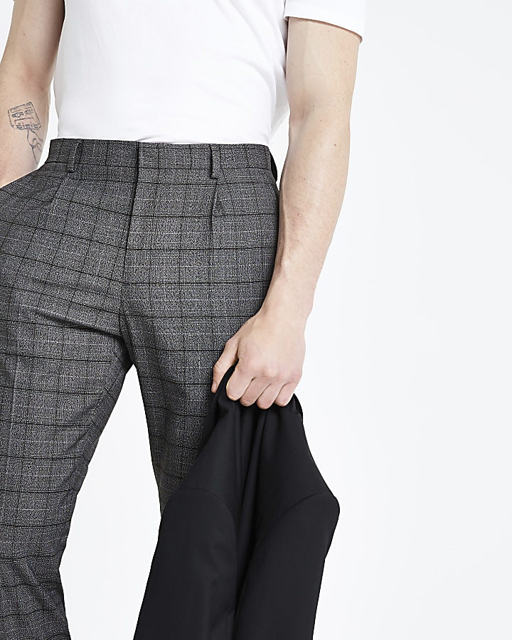 Dark grey check pleated skinny fit trousers
