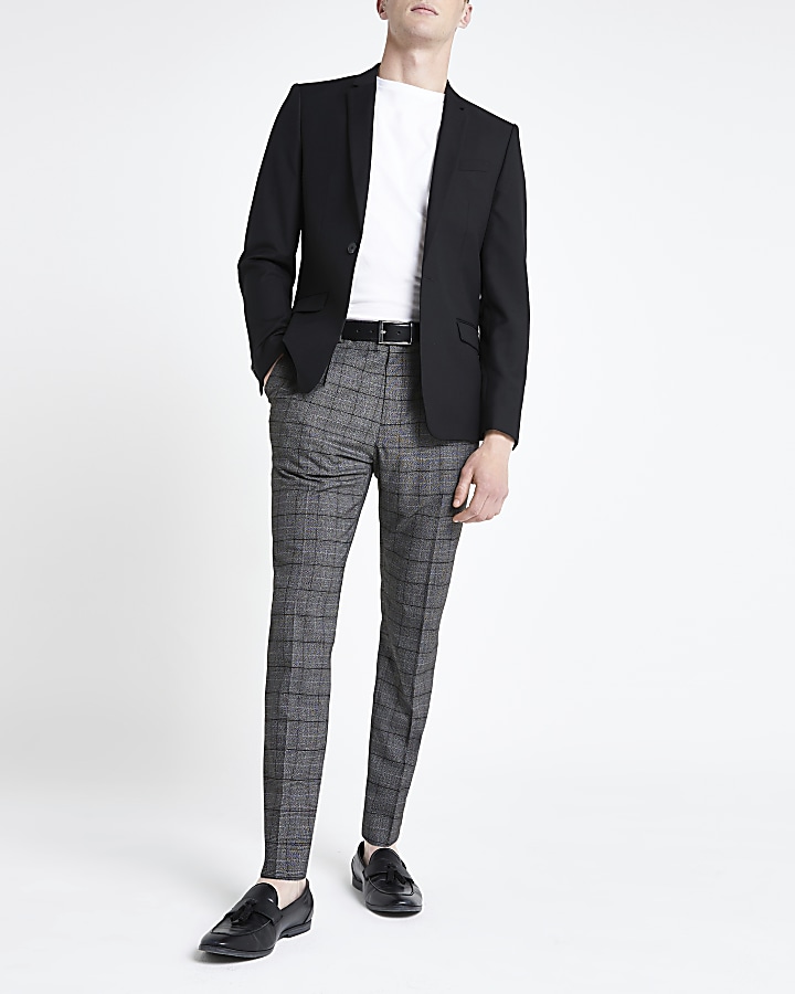 Dark grey check pleated skinny fit trousers