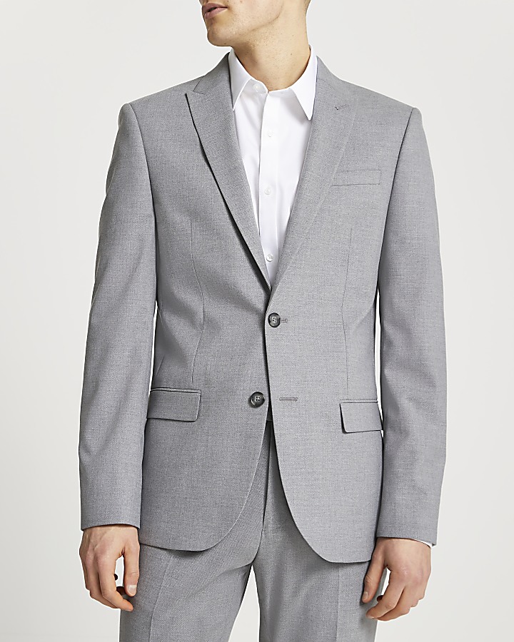 Grey textured slim fit suit jacket