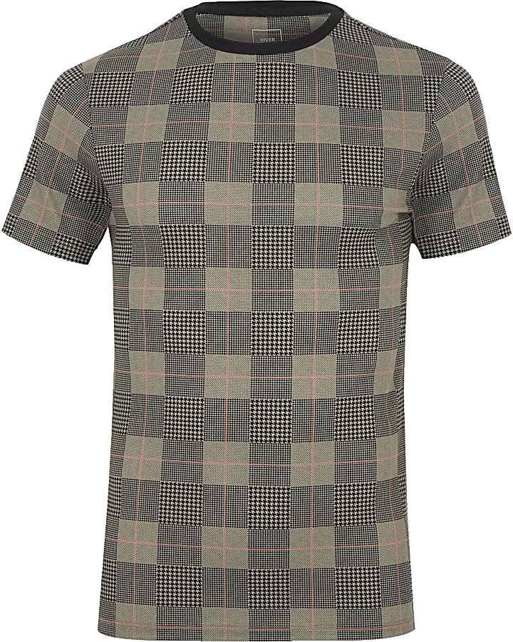 Brown check print muscle fit T-shirt