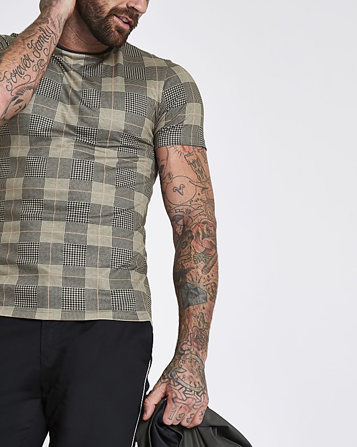Brown check print muscle fit T-shirt