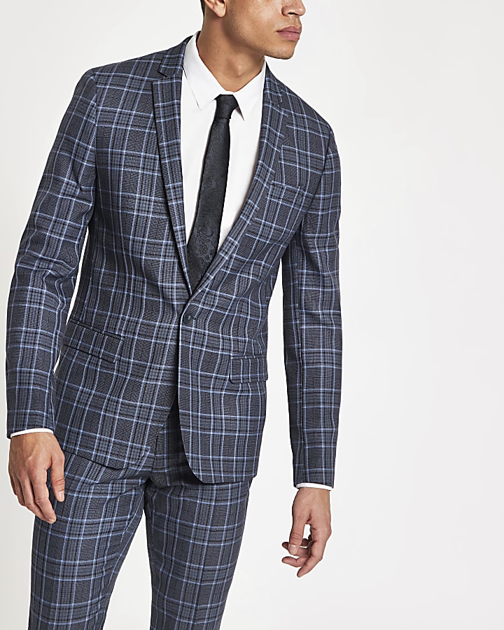 Bright blue check skinny suit jacket