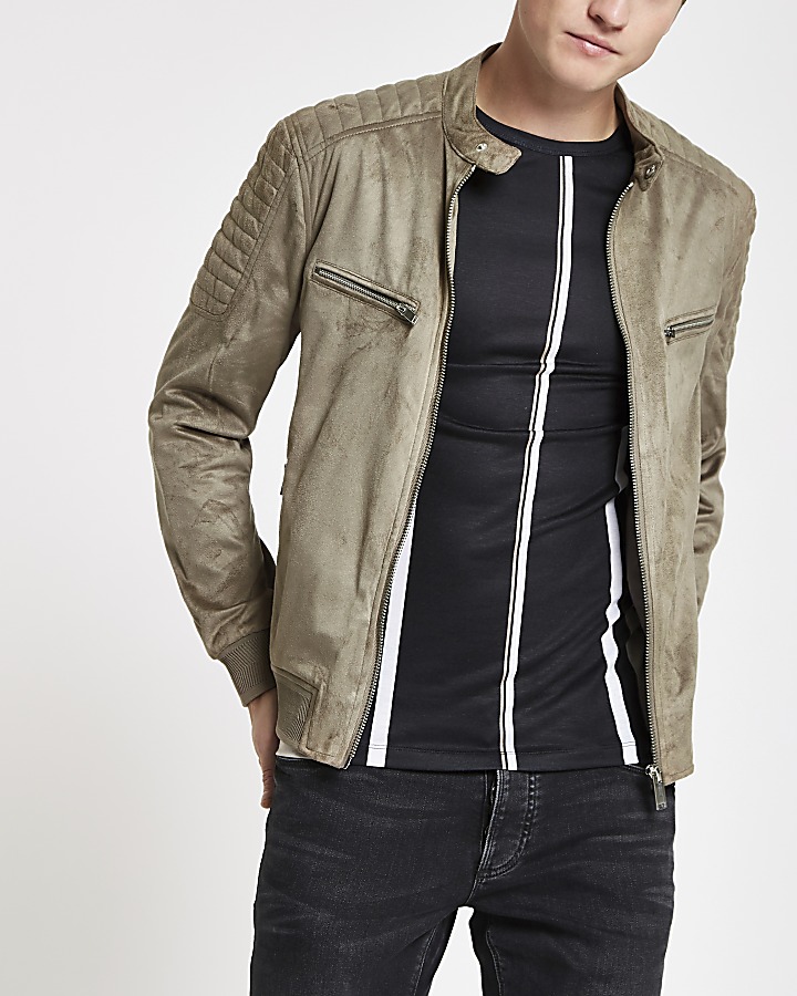 Brown faux suede racer neck jacket