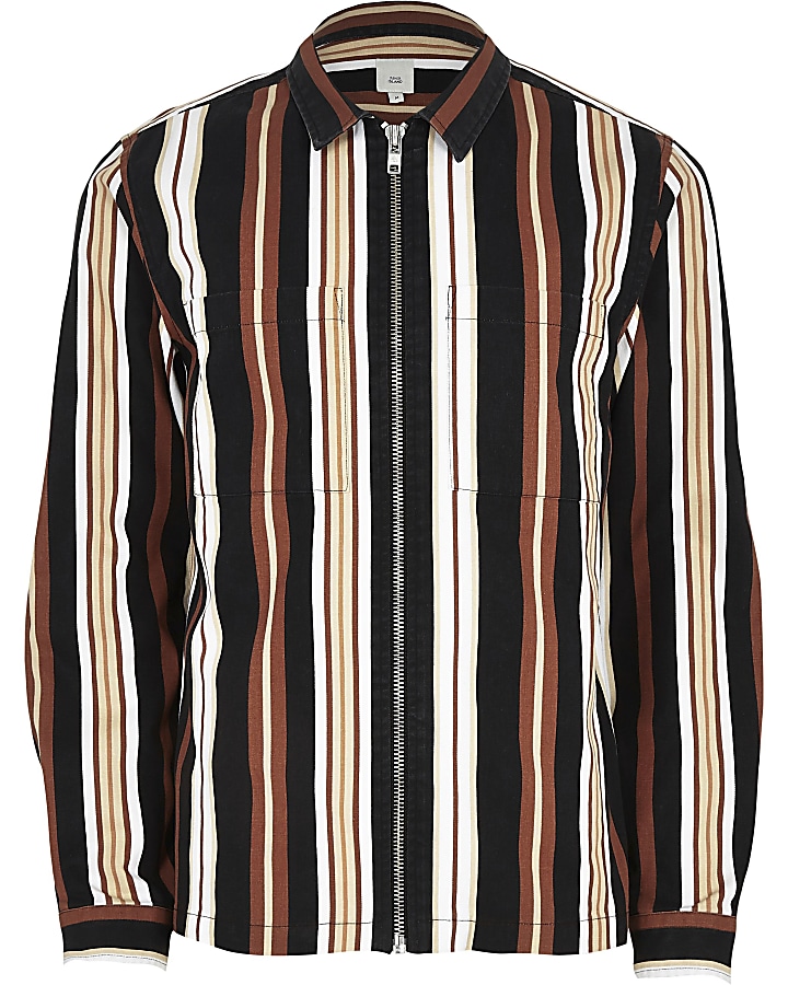 Black stripe print zip though shirt