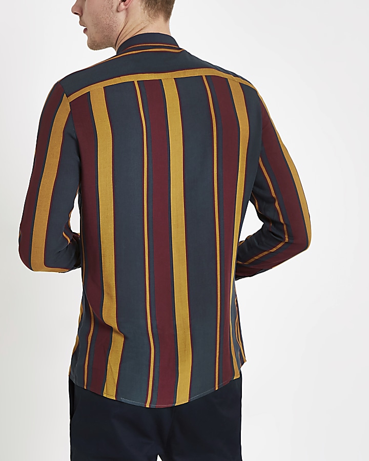 Navy and burgundy stripe long sleeve shirt