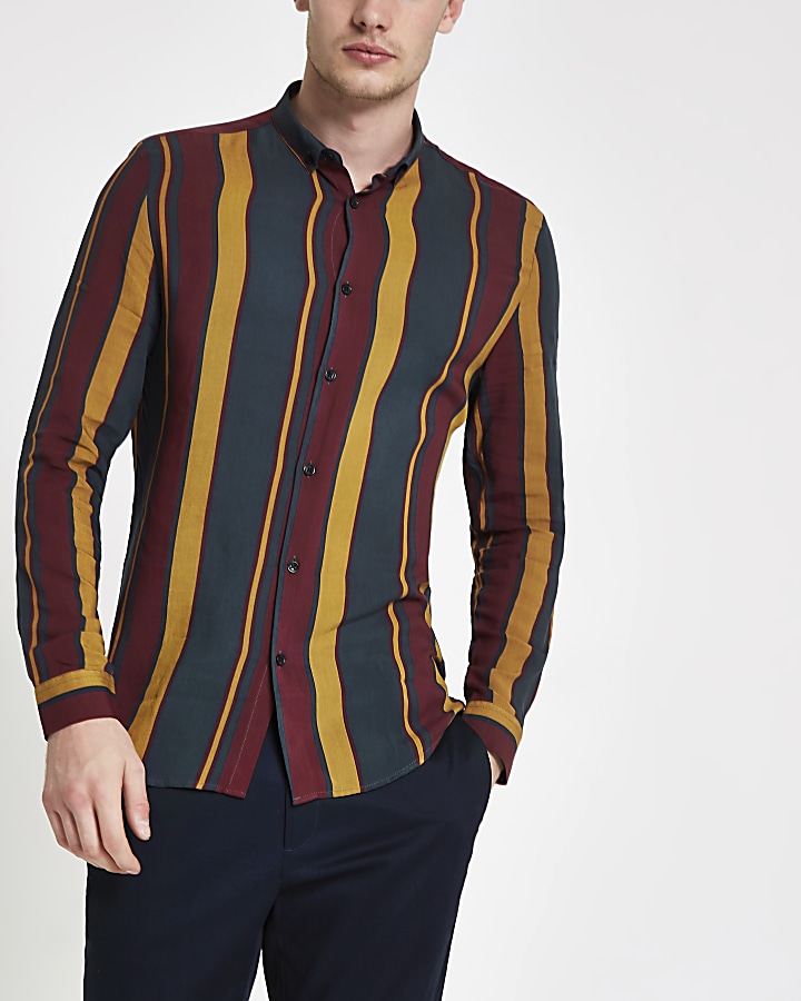 Navy and burgundy stripe long sleeve shirt