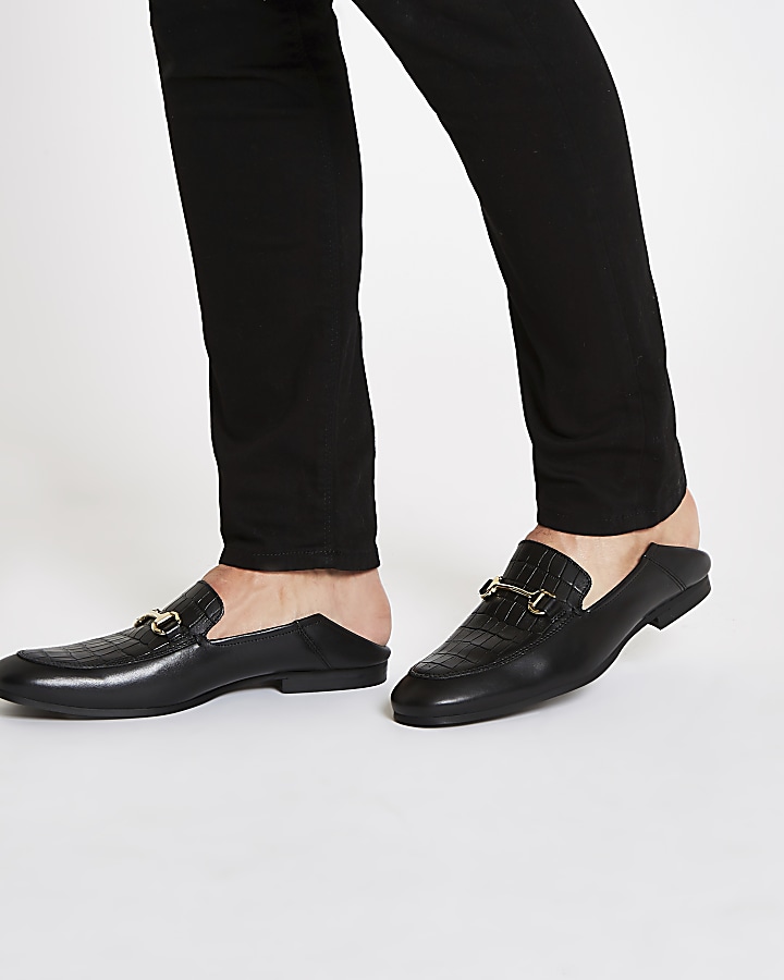 Black leather  fold down heel snaffle loafers