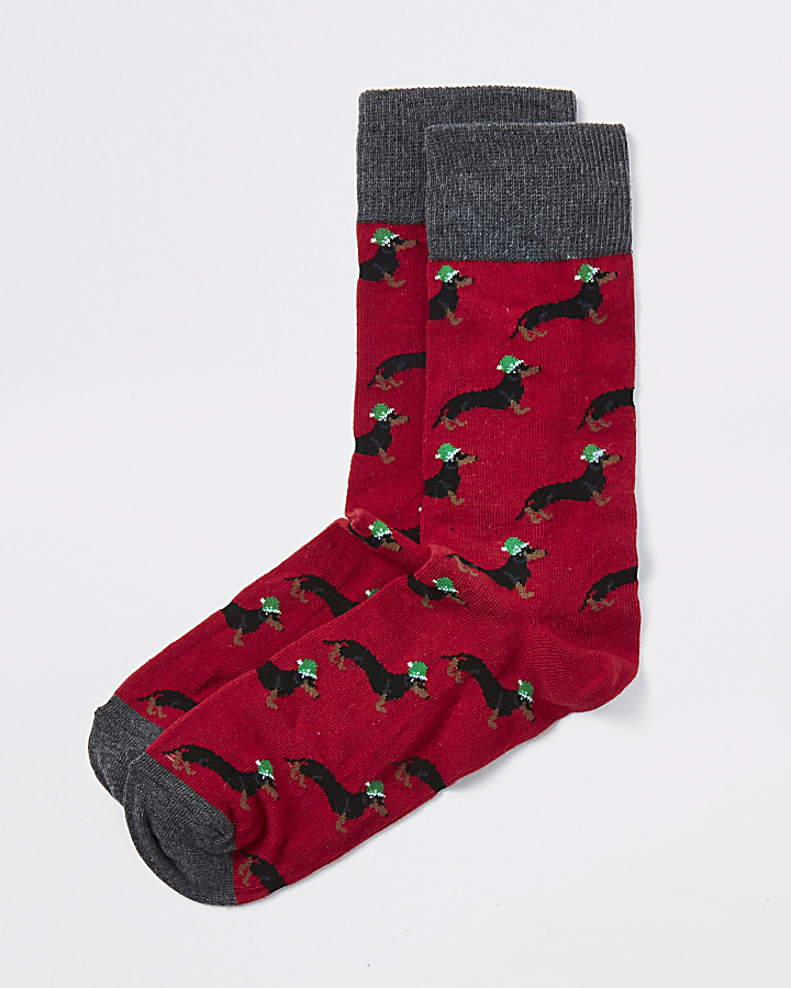 Red sausage dog print Christmas socks