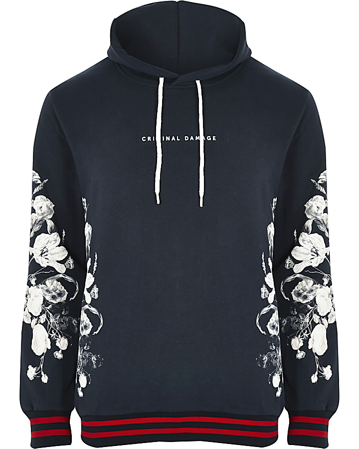 Criminal Damage navy floral print hoodie