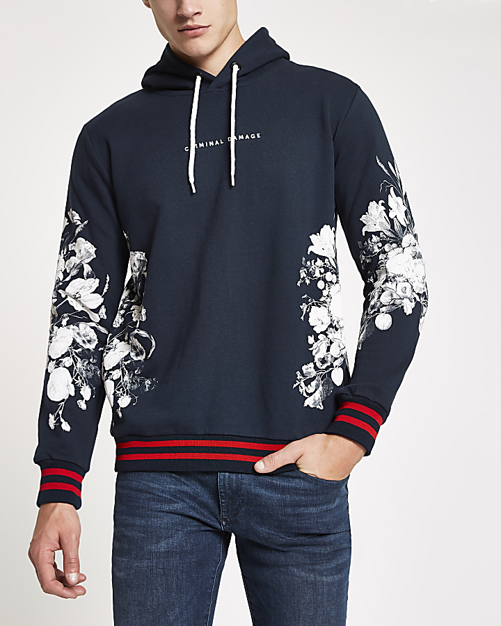 Criminal Damage navy floral print hoodie