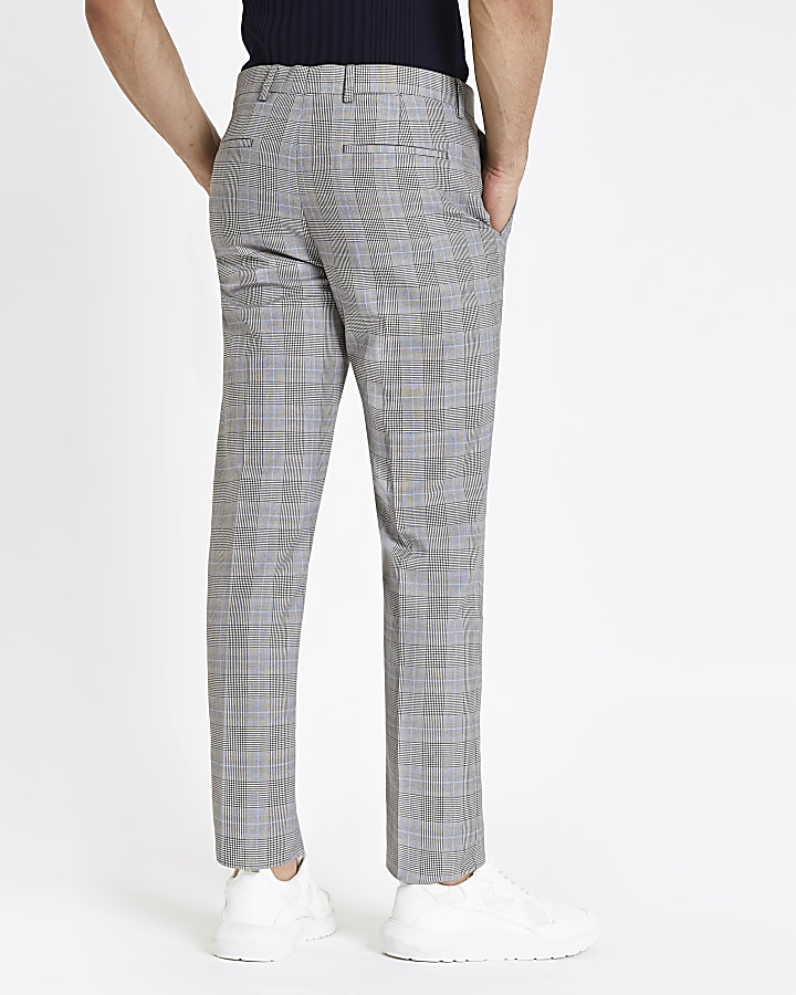 Grey check stretch slim fit suit trousers