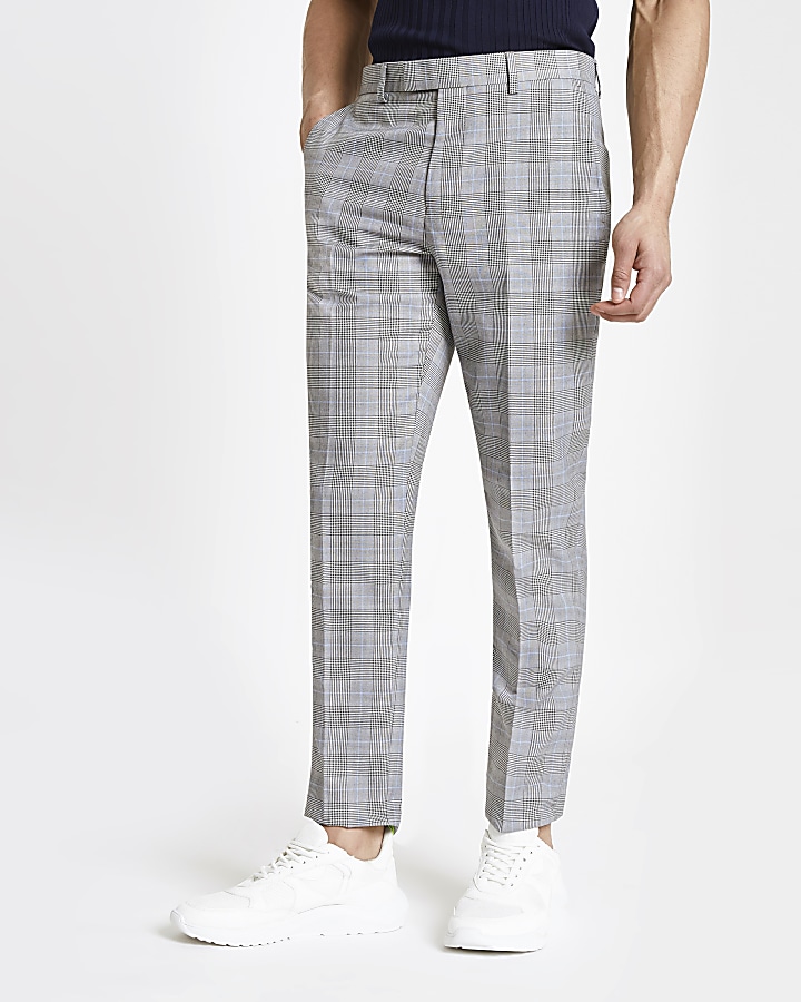 Grey check stretch slim fit suit trousers