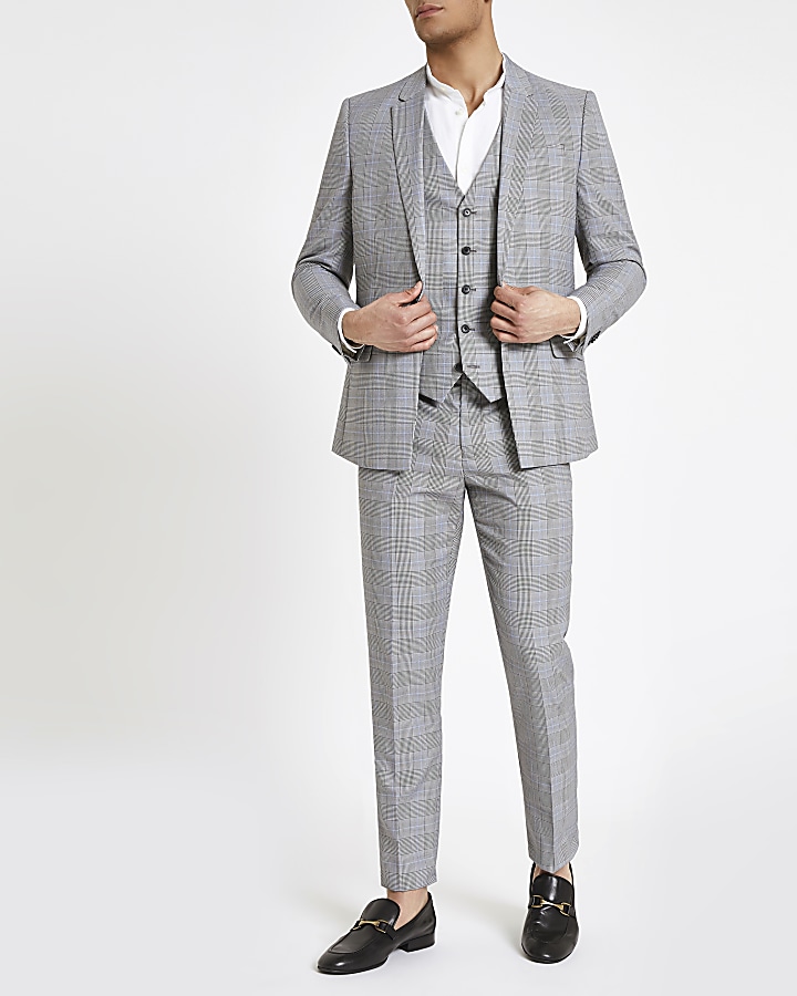 Grey check print suit waistcoat