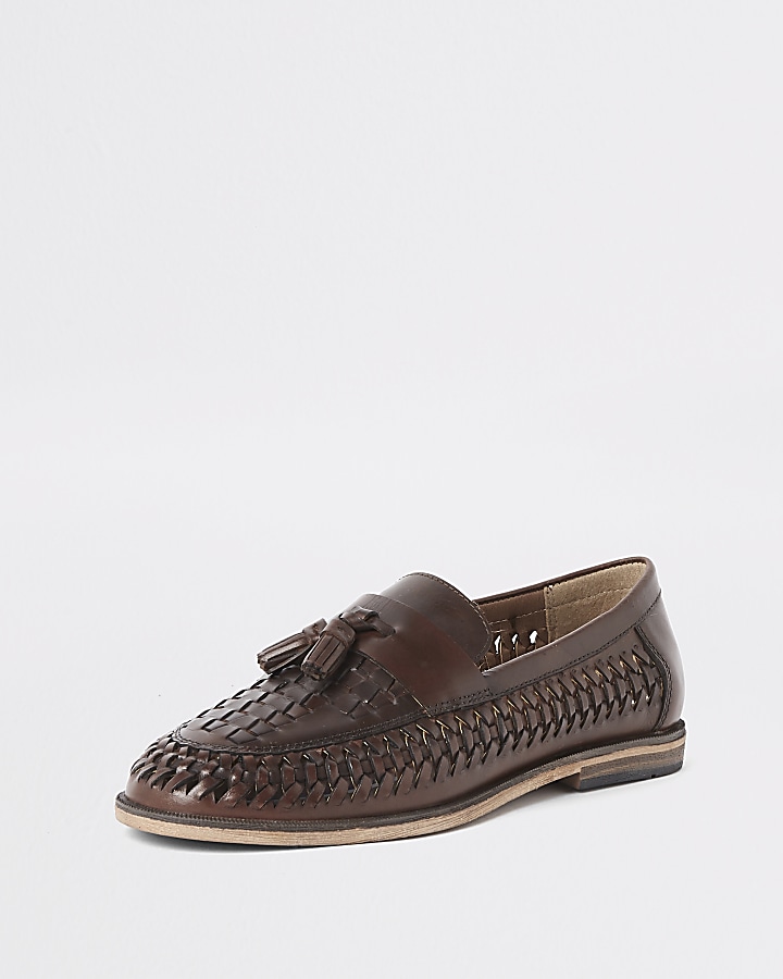 Dark brown leather woven tassel loafers