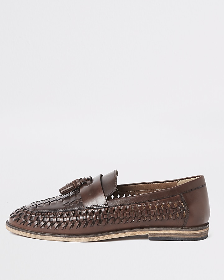 Dark brown leather woven tassel loafers