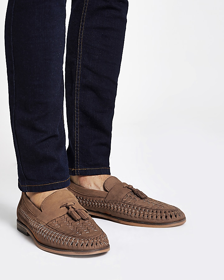 Brown leather woven tassel front loafers