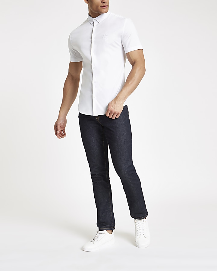 White muscle fit RI embroidered poplin shirt