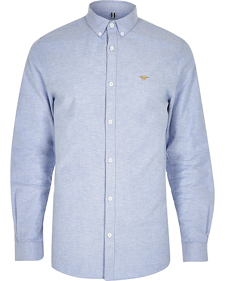 Blue embroidered slim fit Oxford shirt