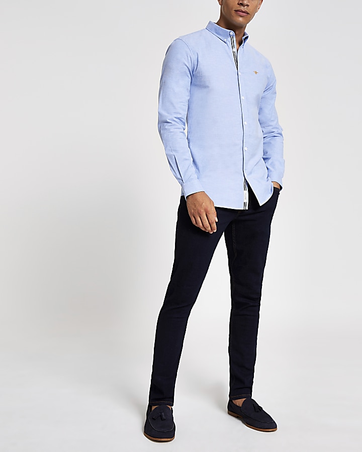 Blue embroidered slim fit Oxford shirt