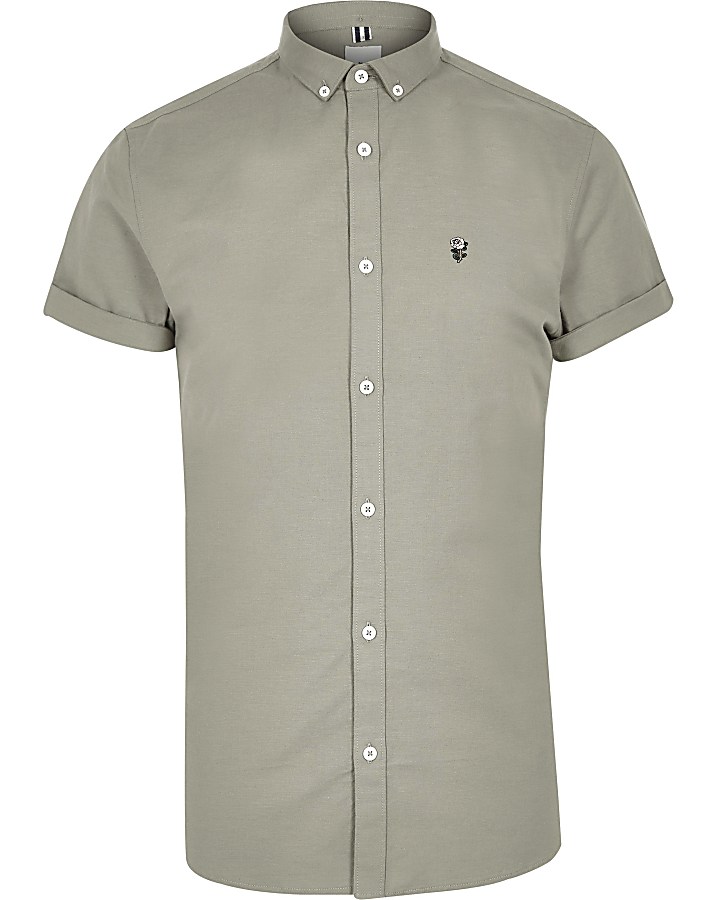 Khaki embroidery muscle fit Oxford shirt