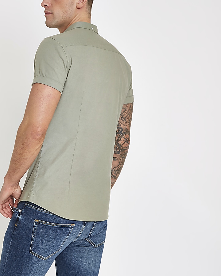 Khaki embroidery muscle fit Oxford shirt
