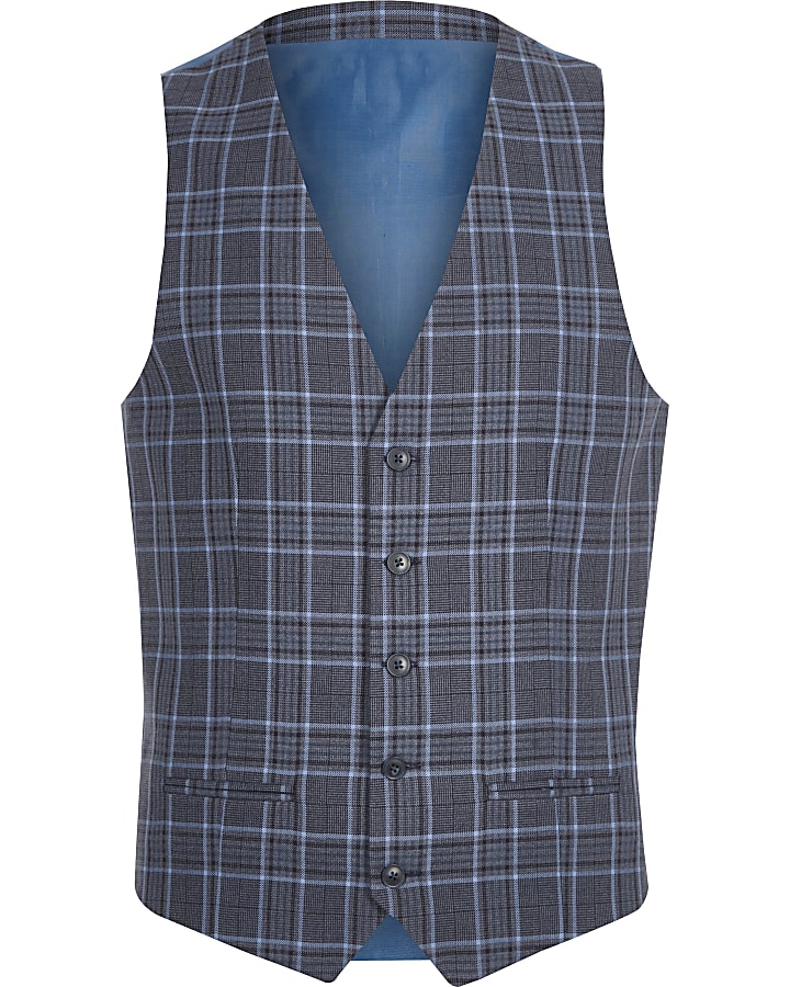 Big and Tall blue check suit waistcoat