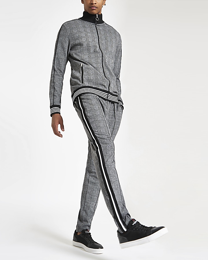 Grey check slim fit tape side joggers