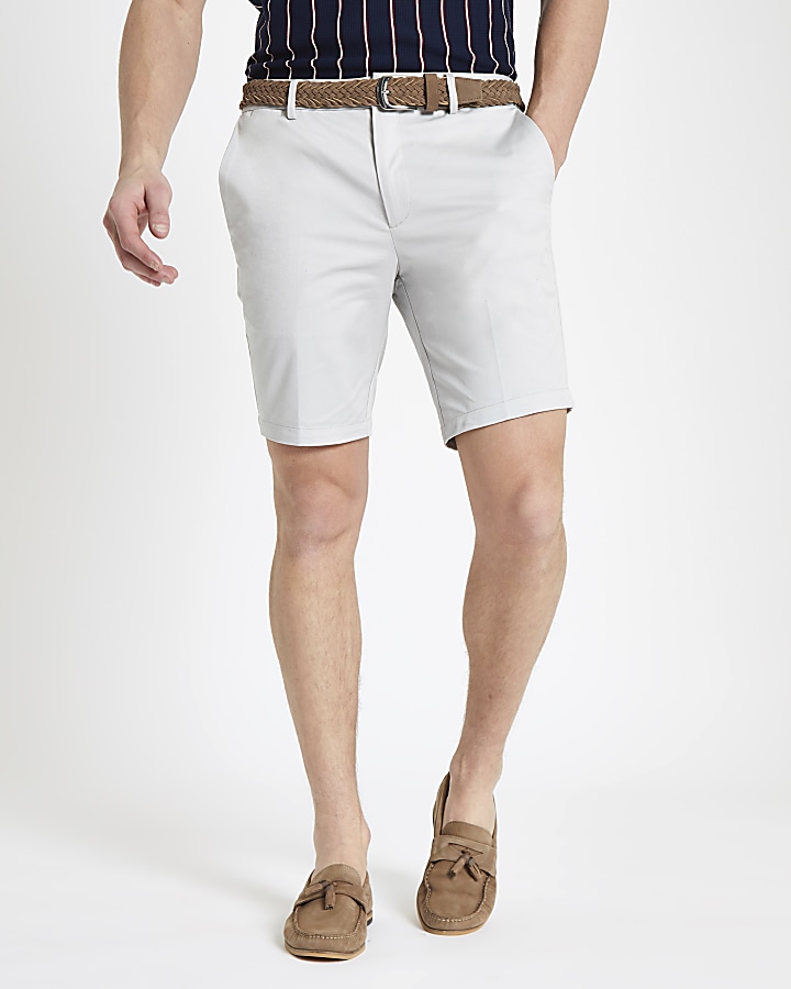 Stone belted slim fit chino shorts