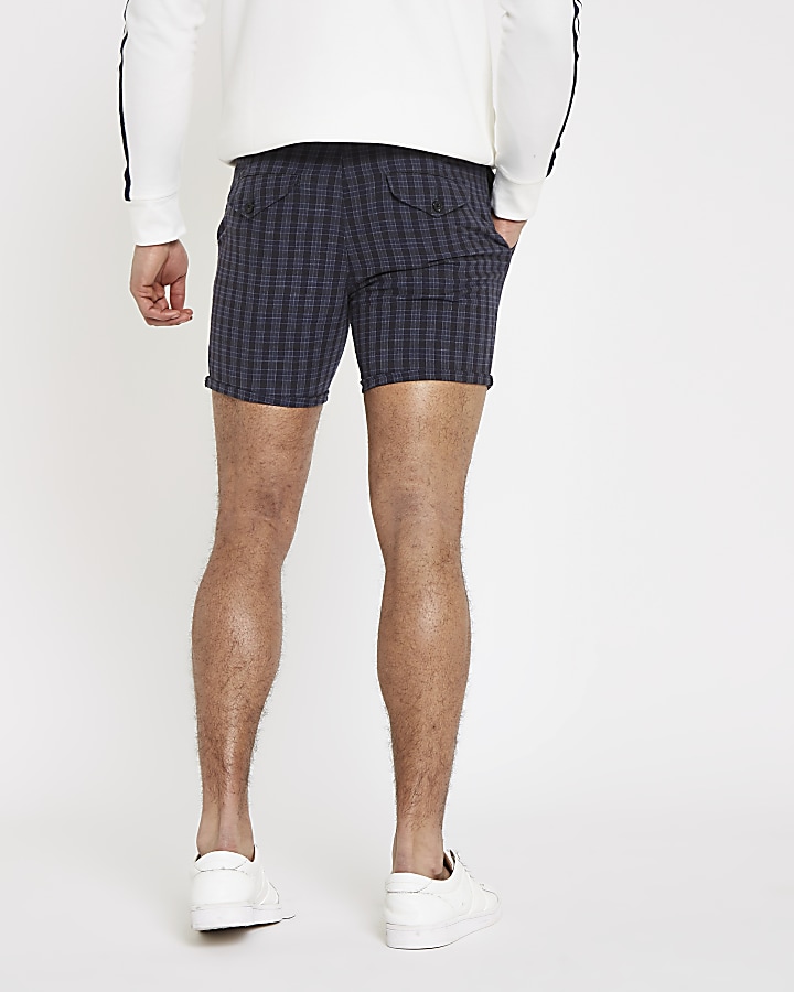 Navy check slim fit shorts