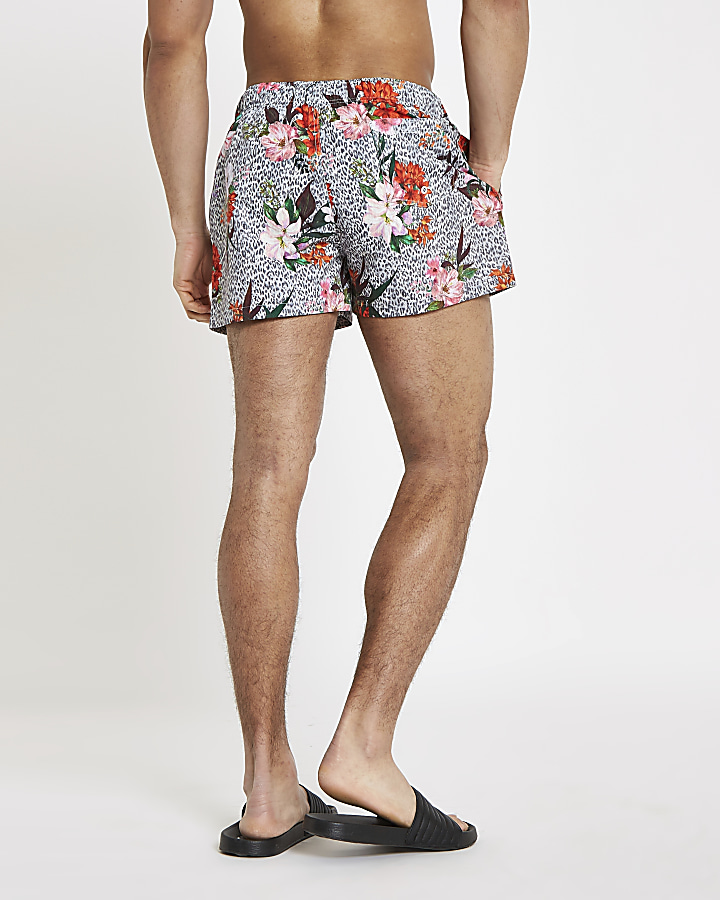 Grey leopard floral print swim shorts