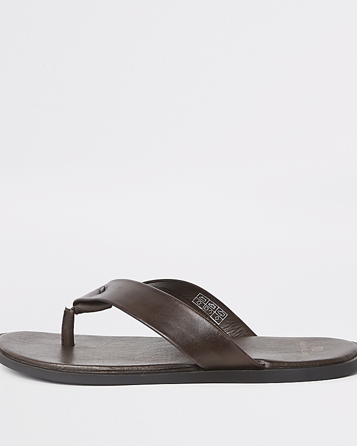 Dark brown leather flip flop sandals