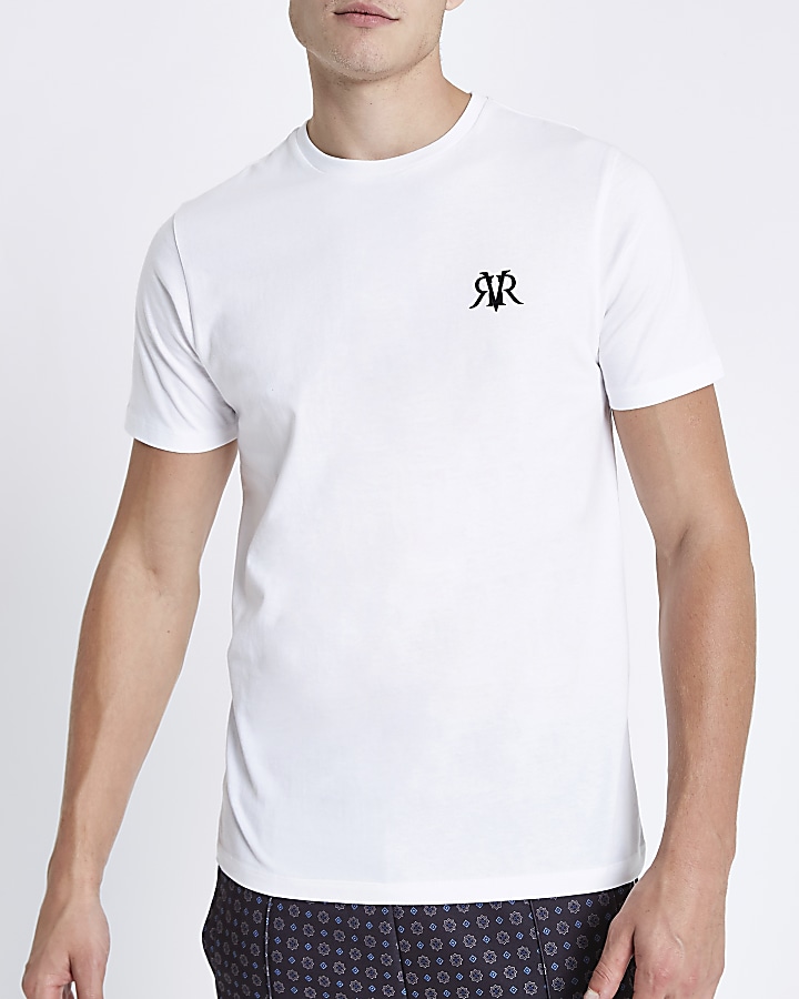 White flock print muscle fit T-shirt