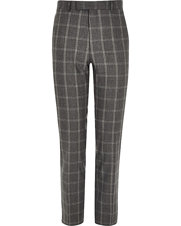 Dark grey check skinny fit smart trousers
