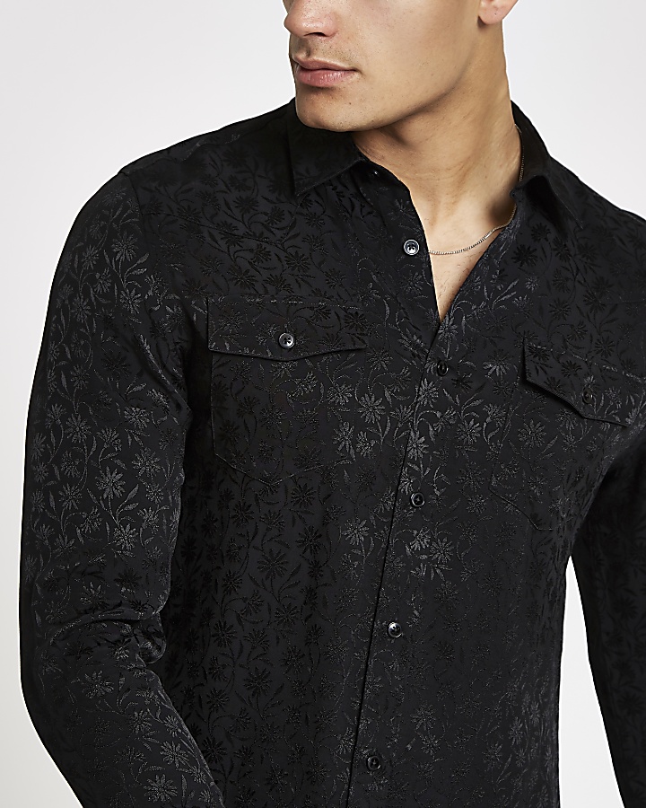 Black jacquard button-down shirt