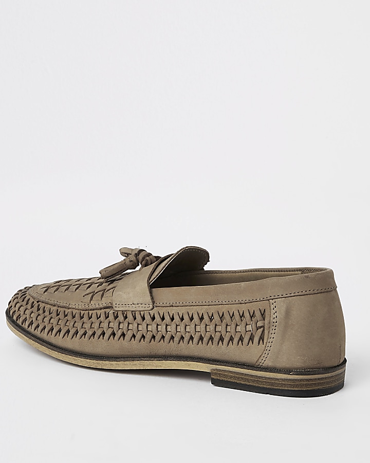 Stone leather woven tassel front loafers