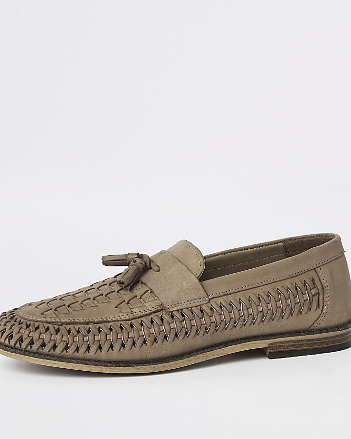 Stone leather woven tassel front loafers