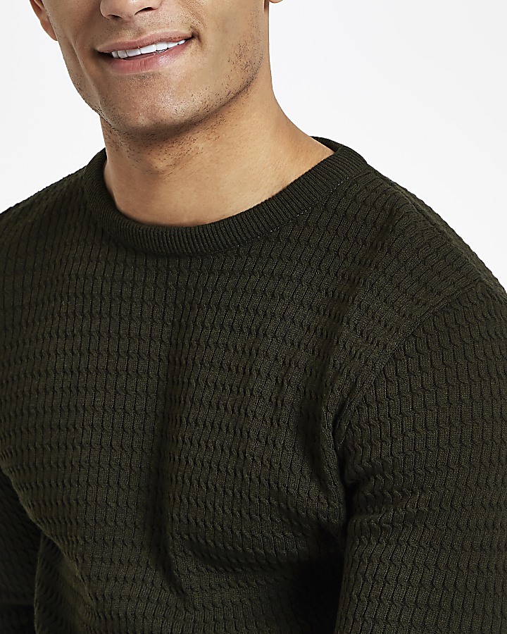 Dark green cable knit muscle fit jumper