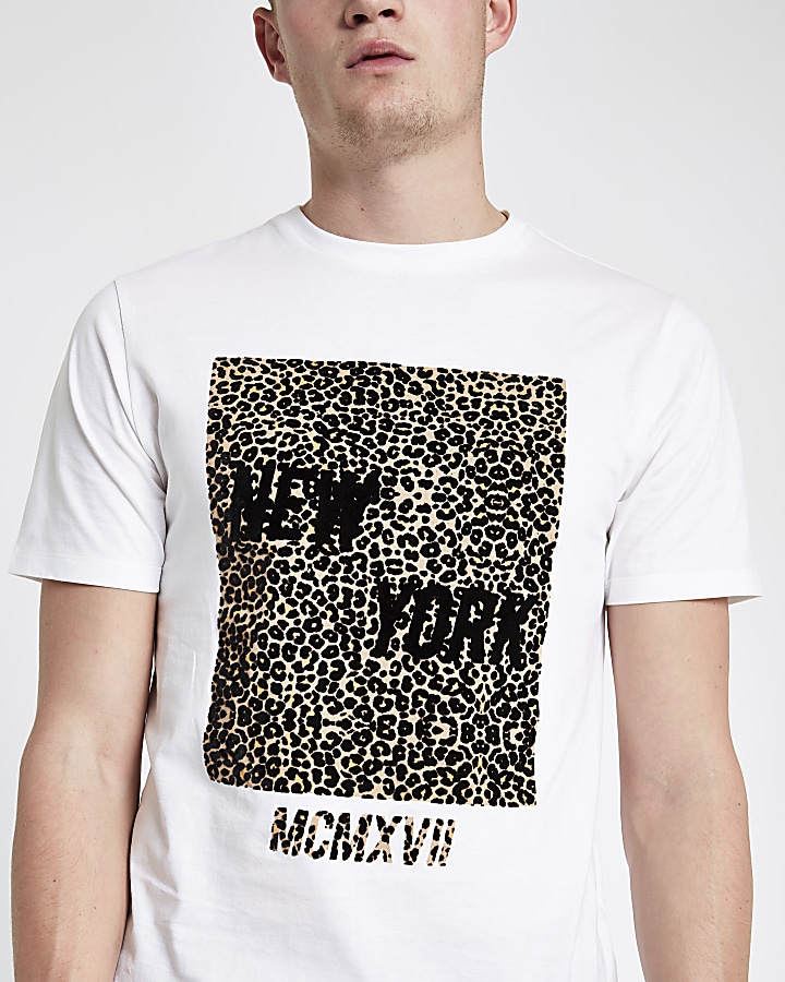 White slim fit  leopard print box T-shirt