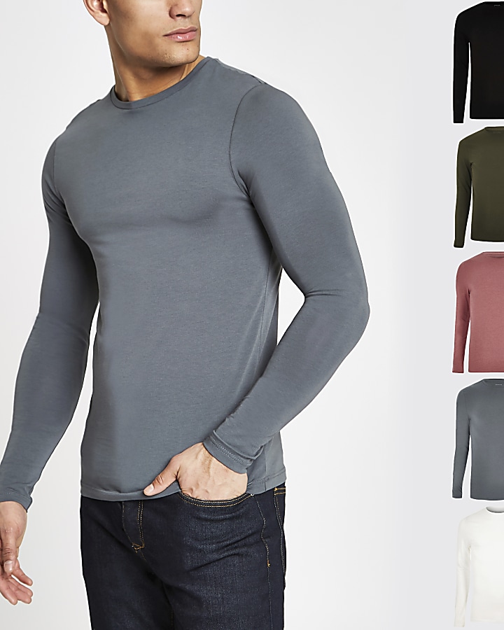 Grey muscle fit long sleeve T-shirt 5 pack