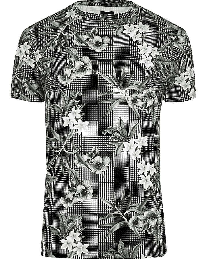Grey floral check slim fit T-shirt
