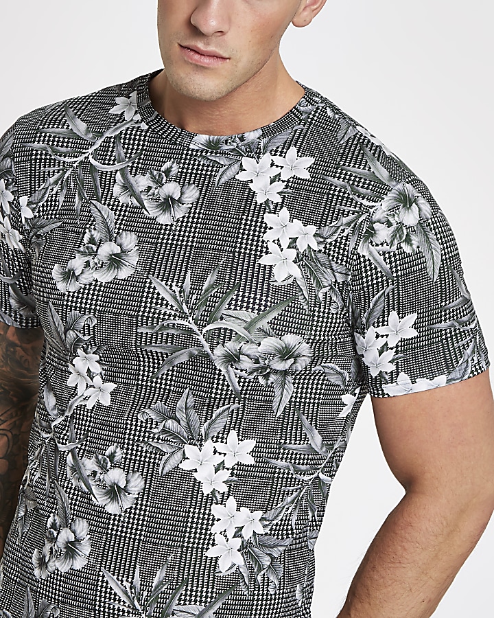 Grey floral check slim fit T-shirt