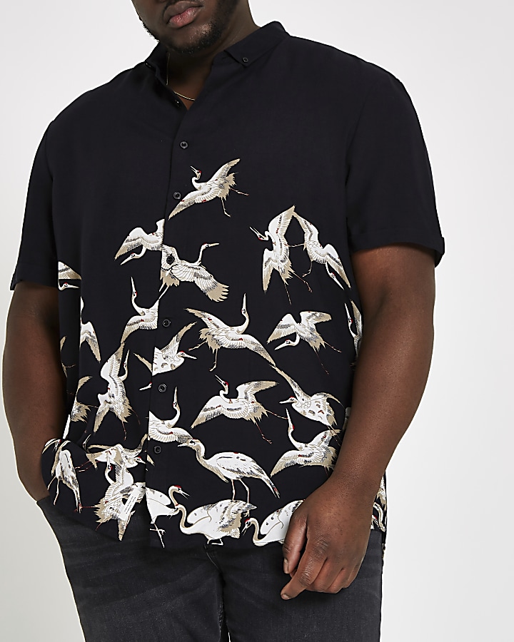 Big and Tall black crane print shirt