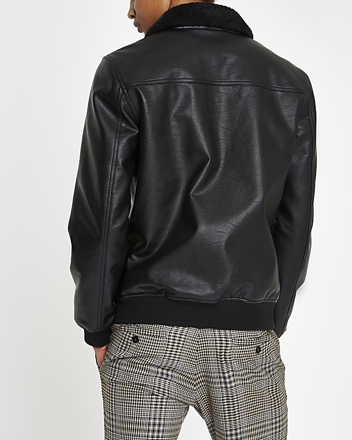 Black faux leather borg collar jacket