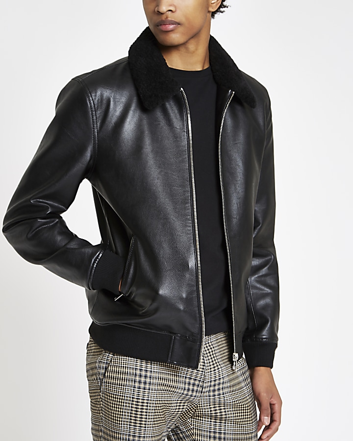 Black faux leather borg collar jacket