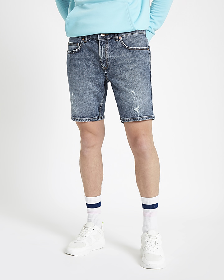 Mid blue slim fit denim shorts