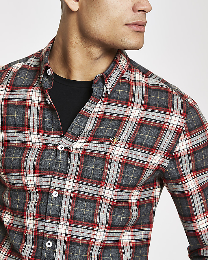 Red check button-down shirt