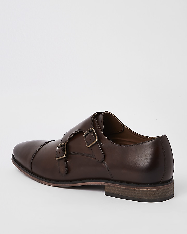 Dark brown leather monk strap derby shoes