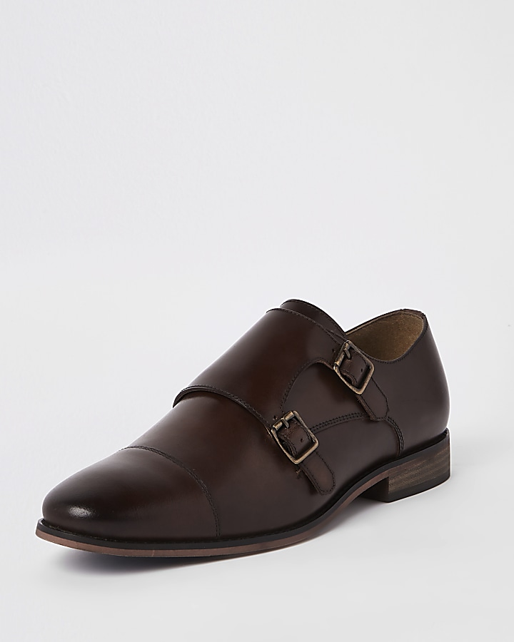 Dark brown leather monk strap derby shoes
