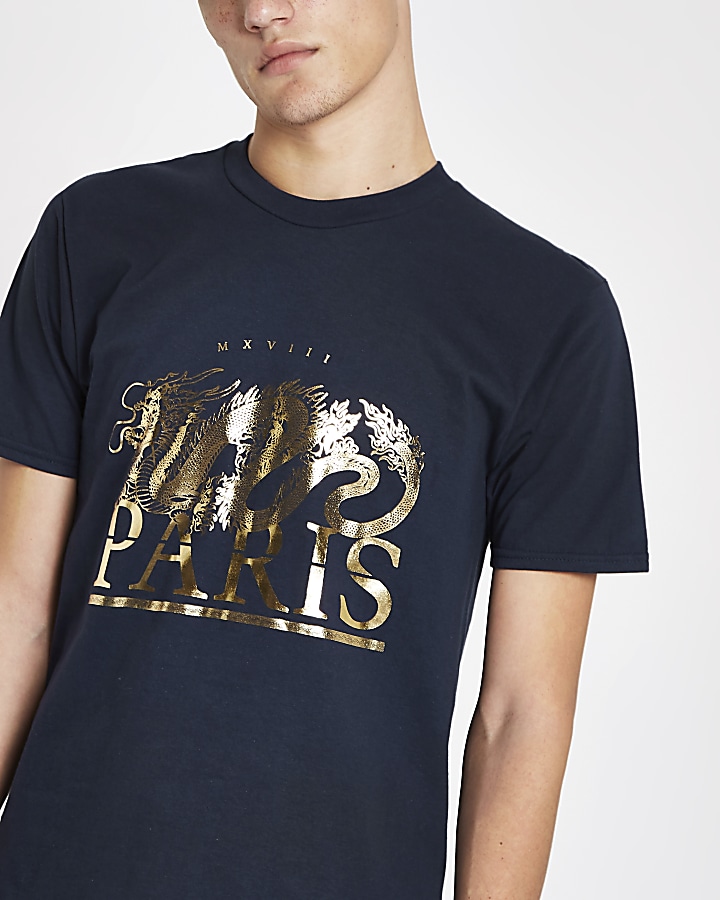 Navy dragon gold foil slim fit T-shirt